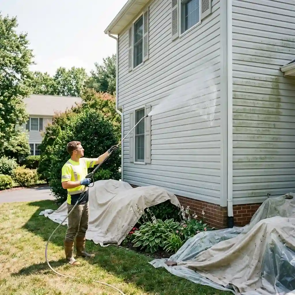 Soft wash professional treating Leesburg home siding with controlled pressure and landscaping protection.